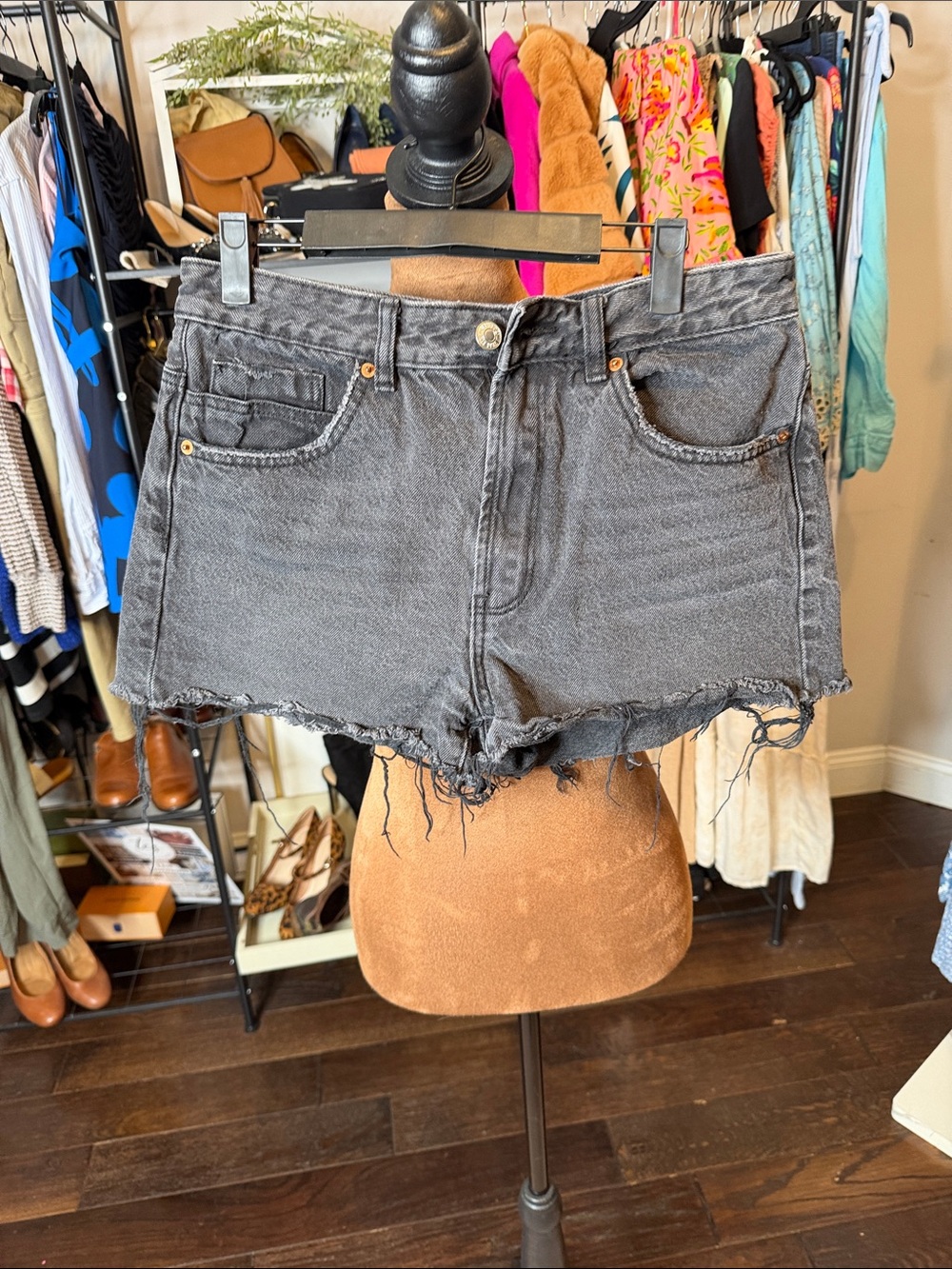 stradivarius Black‎ Washed Denim Cutoff Shorts